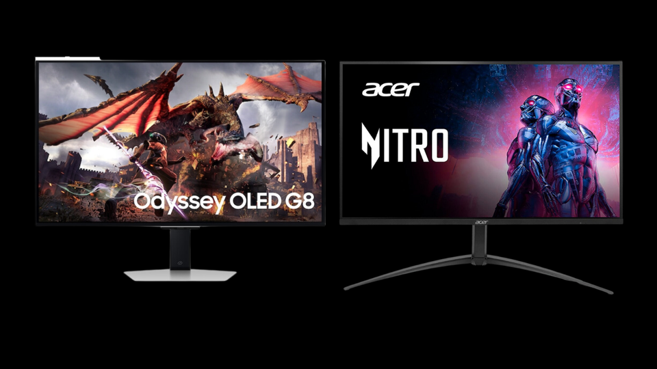 Two of the best monitors, from Samsung and Acer, on a black background