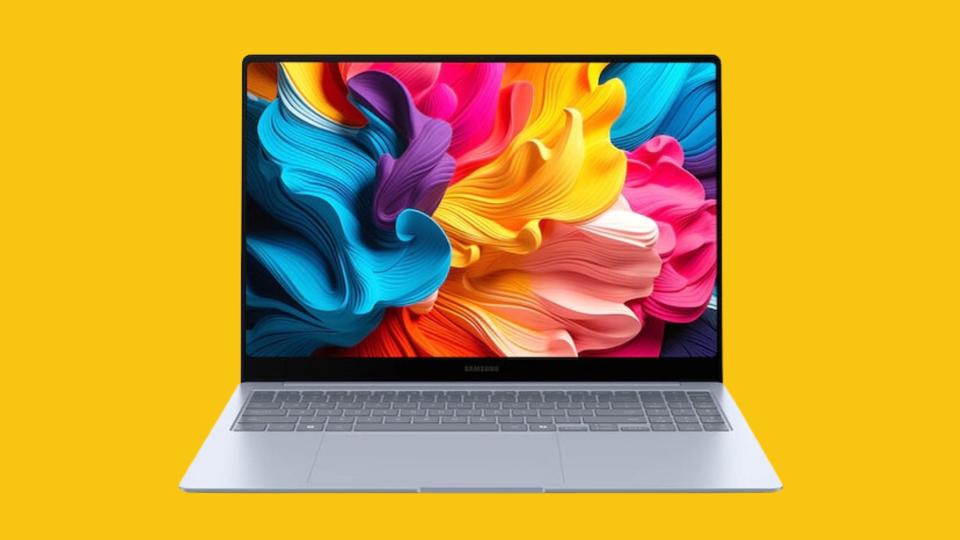 The Samsung Galaxy Book4 Edge against a bright yellow background.