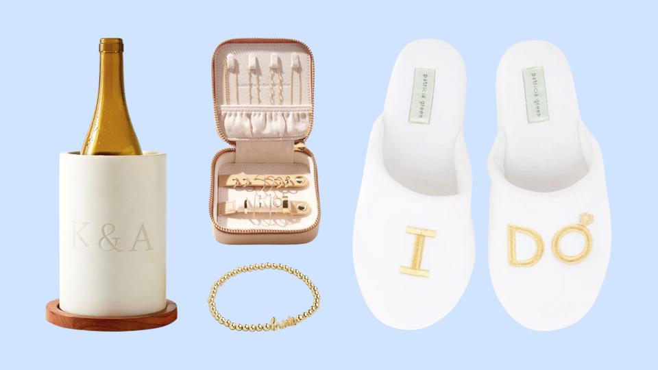 A wine chiller, jewelry case, bracelet and slippers against a light blue background