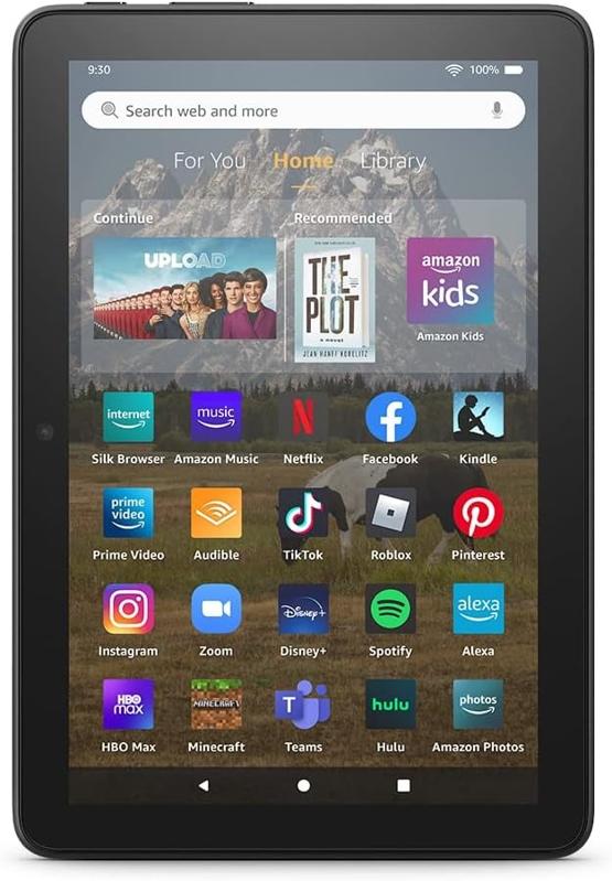 Product shot of a black Amazon Fire HD 8 tablet. 