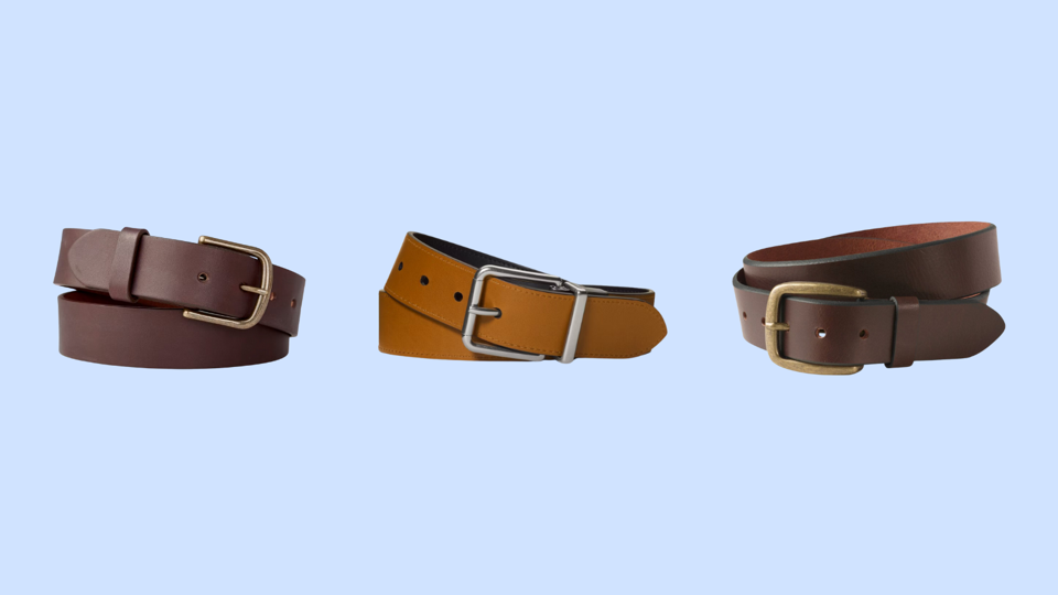 Three of the best belts for men on a light blue background.