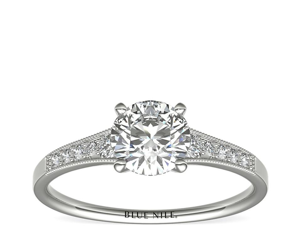 Product shot of Blue Nile Graduated Diamond Engagement Ring in white gold.