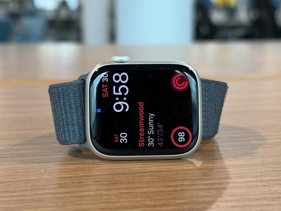 Apple Watch Series 9 resting on a tabletop.