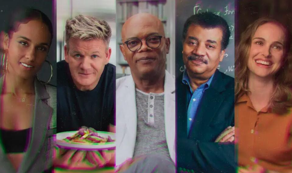 masterclass promo image of Alicia Keys, Gordon Ramsey, Samuel L Jackson, and Natalie Portman