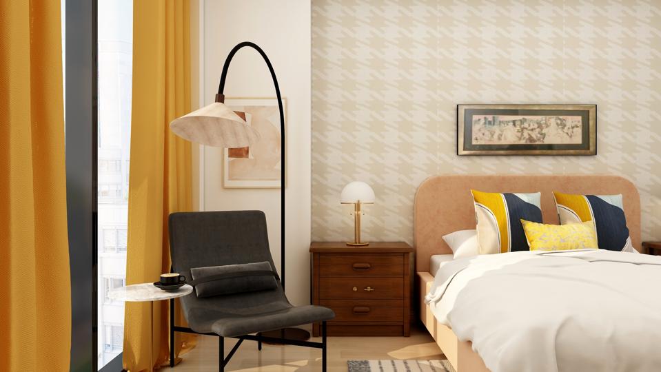 A yellow, beige, white and navy room designed by the experts at Collov.