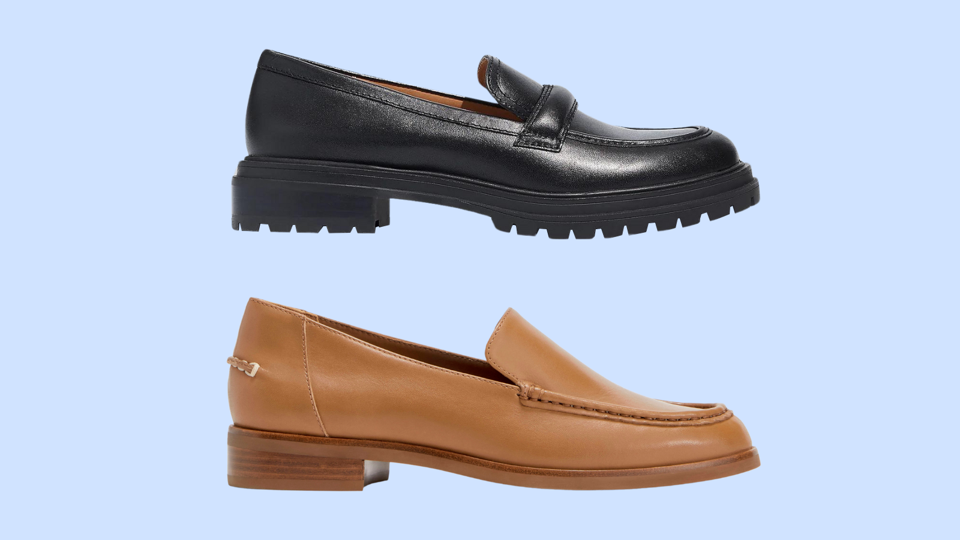 A black loafer and a tan loafer against a light blue background