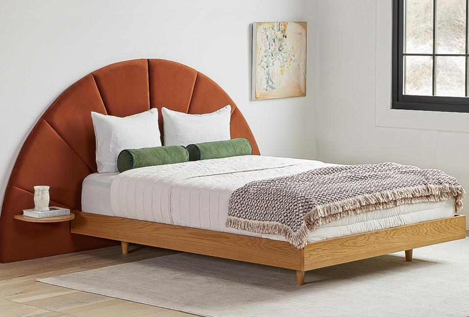 The Article Basi Oak Bed Frame with its velvet headboard. 