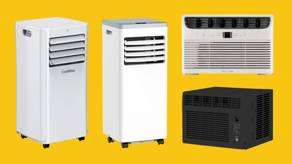 Two portable air conditioners and two window units against a yellow background.