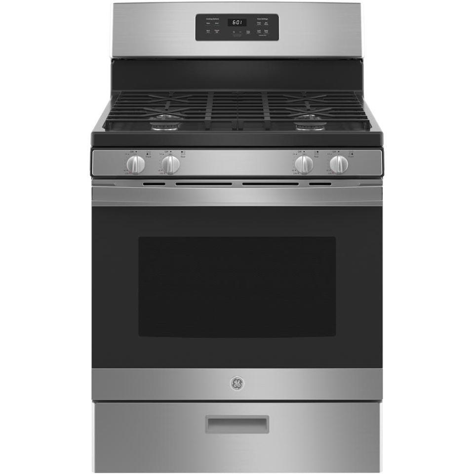 Product shot of a stainless steel GE 30-Inch Gas Range. 