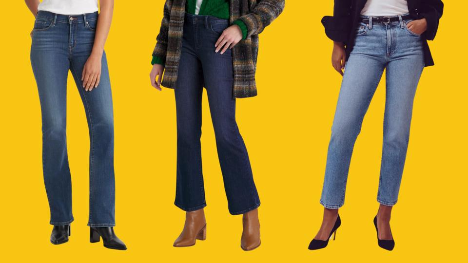 Three women wearing jeans against yellow background