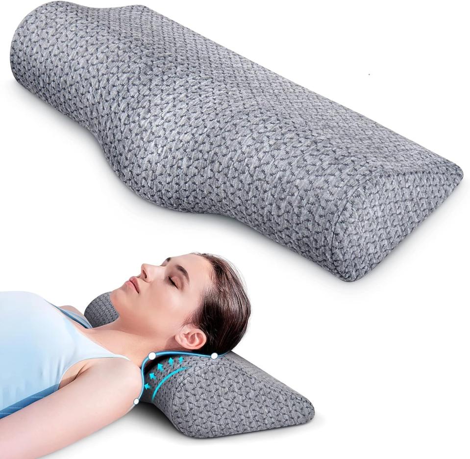 Demelon Cervical Pillow shown in close up next to an image of a woman lying on the pillow.