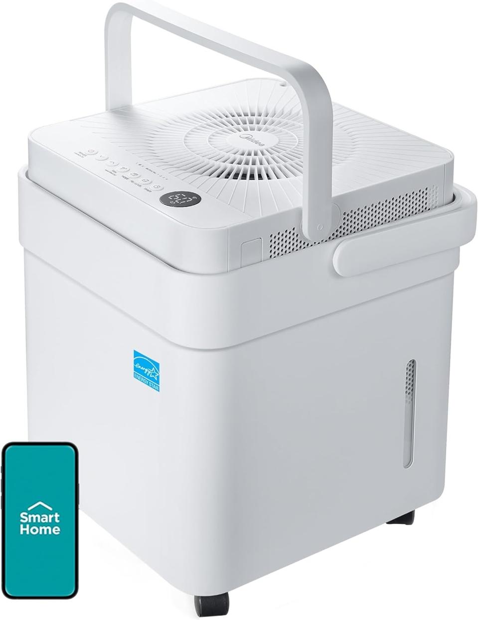 midea 50-pint cube dehumidifier MAD50PS1QWT white smartphone app screenshot white background