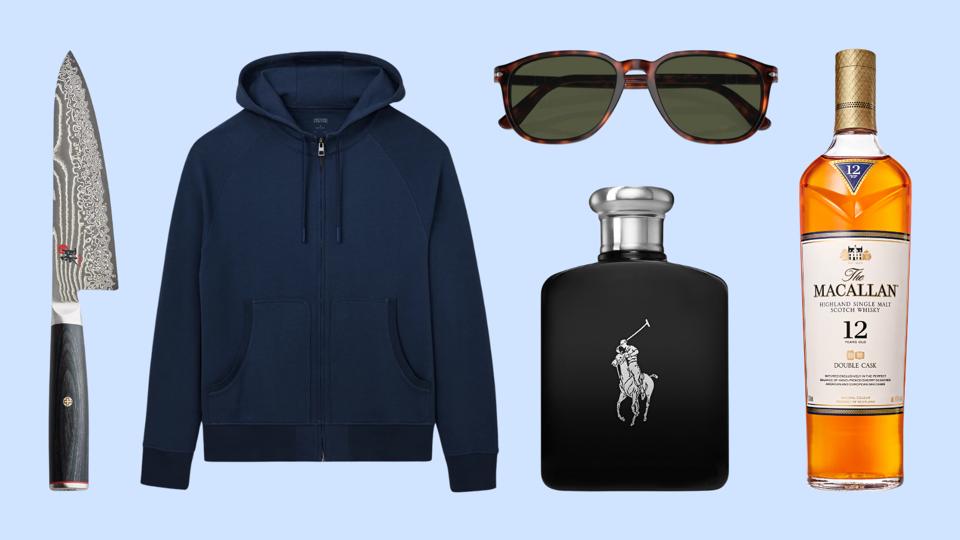 Ralph Lauren cologne, Persol sunglasses, Macallan whisky and more gifts on blue background.