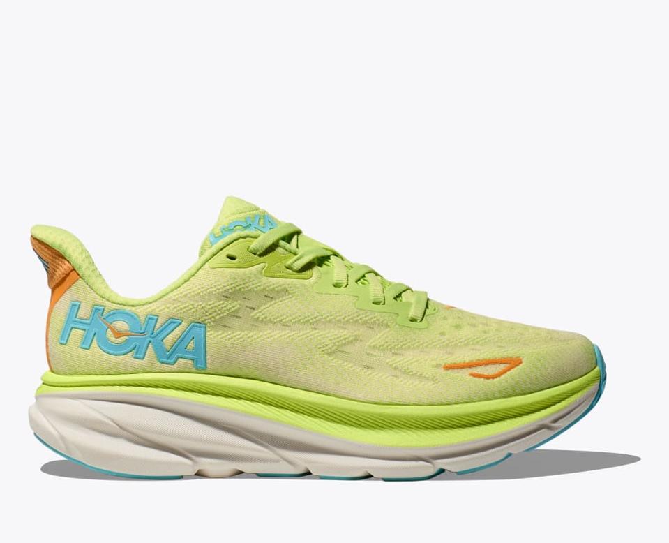 Product shot of a Hoka Clifton 9 sneaker in the Lettuce/Solar Flare colorway.