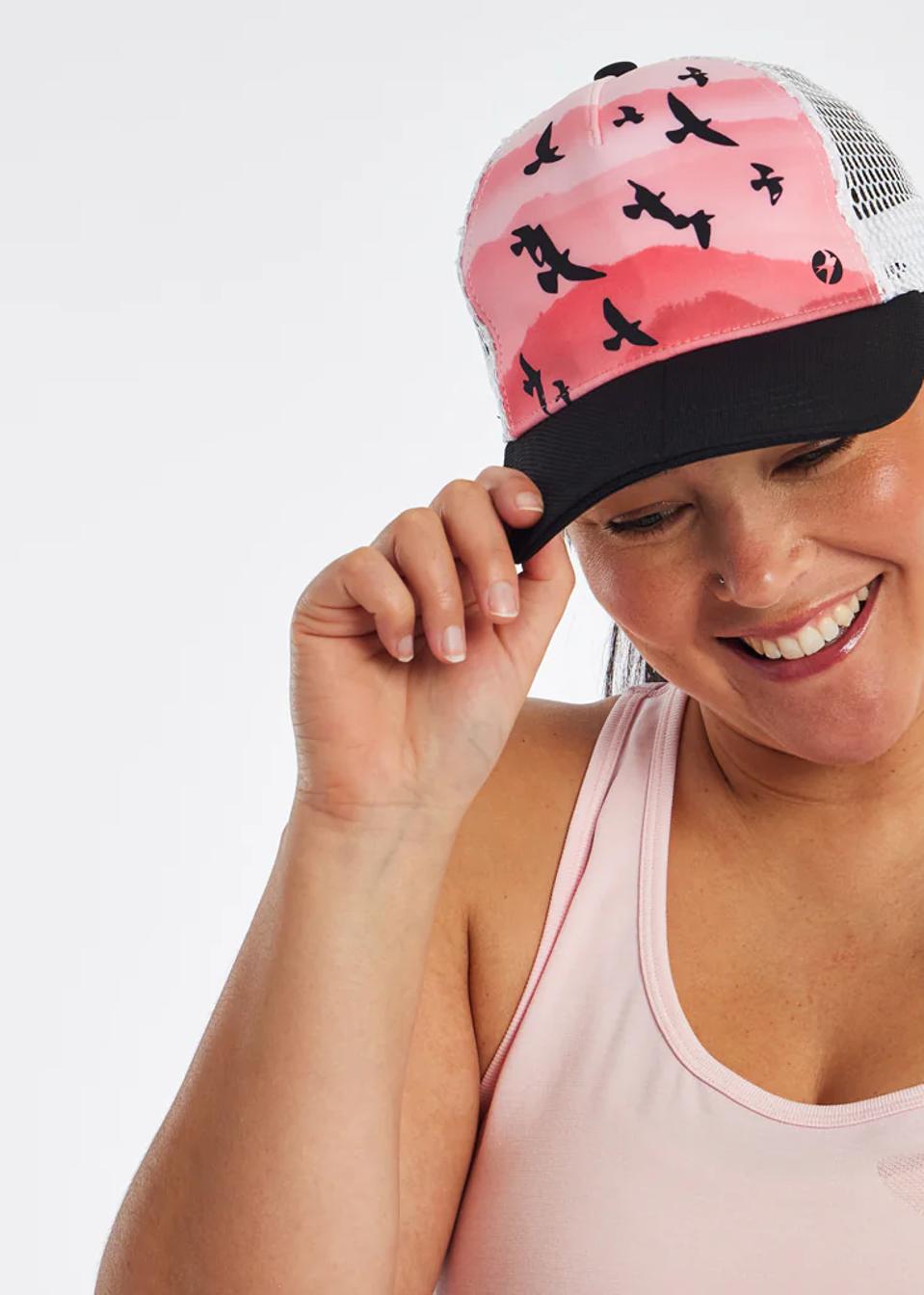 Oiselle Runner Trucker Hat in Sakura Mountains pattern