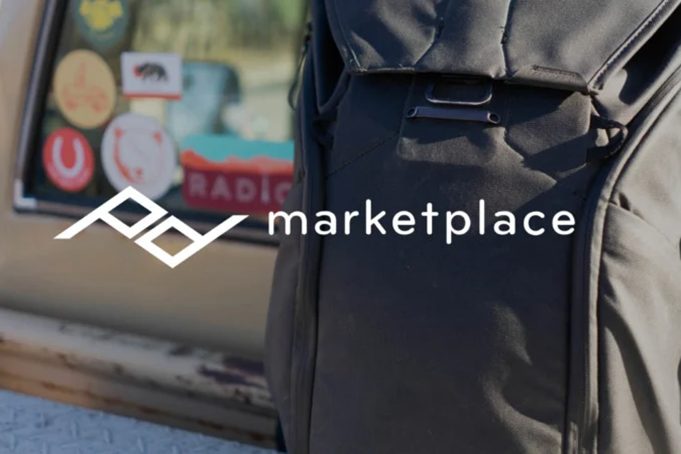 An image of a backpack and a Peak Design Marketplace logo