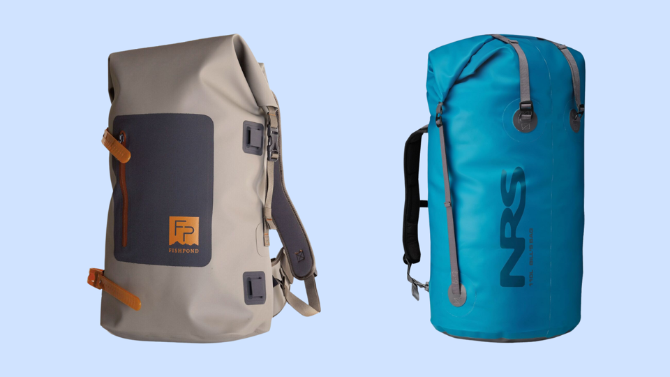 Fishpond and NRS dry bags on a light blue background