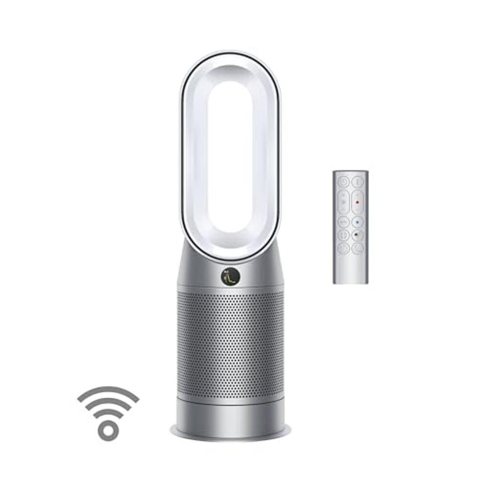 The Dyson Purifier Hot+Cool HP07 Air Purifier with its remote on a white background