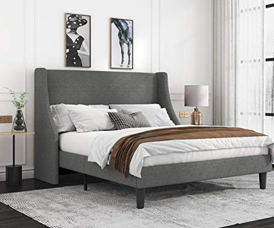 Allewie Queen Size Modern Platform Bed Frame with Deluxe Wingback/Upholstered Bed Frame with Headboard/Wood Slat Support/Mattress Foundation/Light Grey