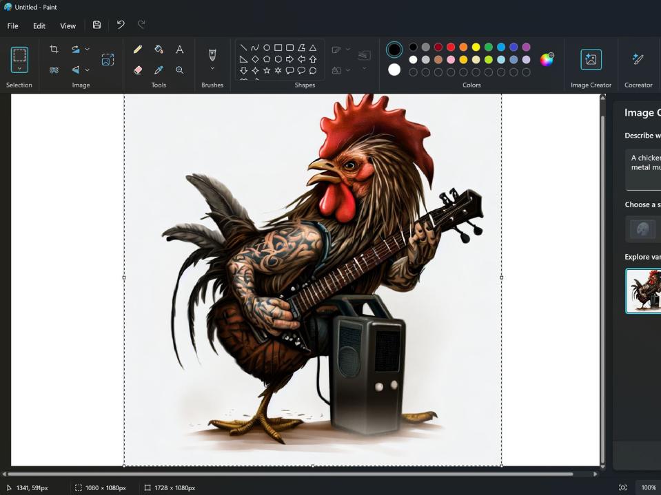 An AI image of a tattooed chicken playing a guitar made using the Samsung Galaxy Book4 Edge.