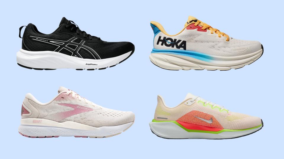 Asics, Hoka, Brooks and Nike running shoes on a light blue background