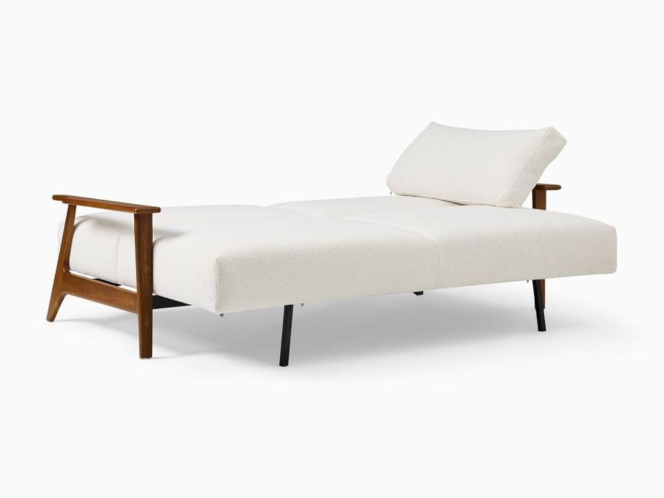 Jannick Full Futon Sleeper in white with brown wood frame on white background