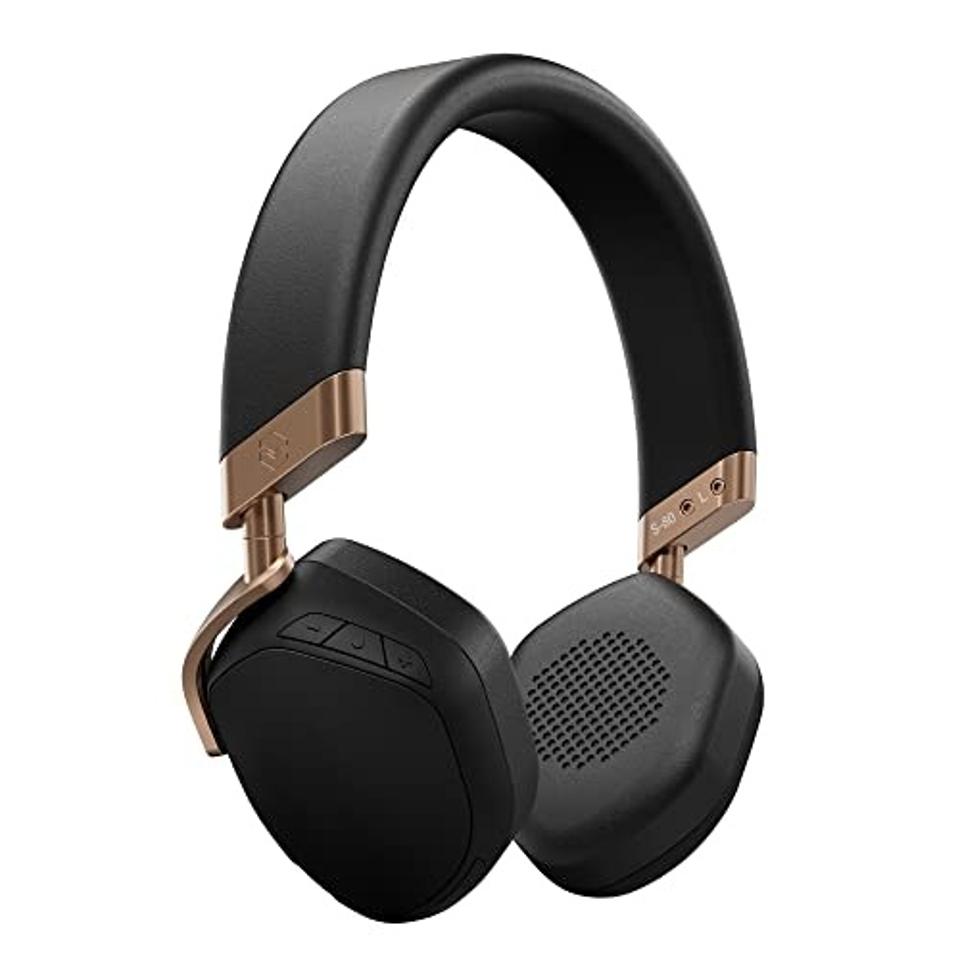 black V-MODA S-80 on-ear headphones with copper accents on a white background. 