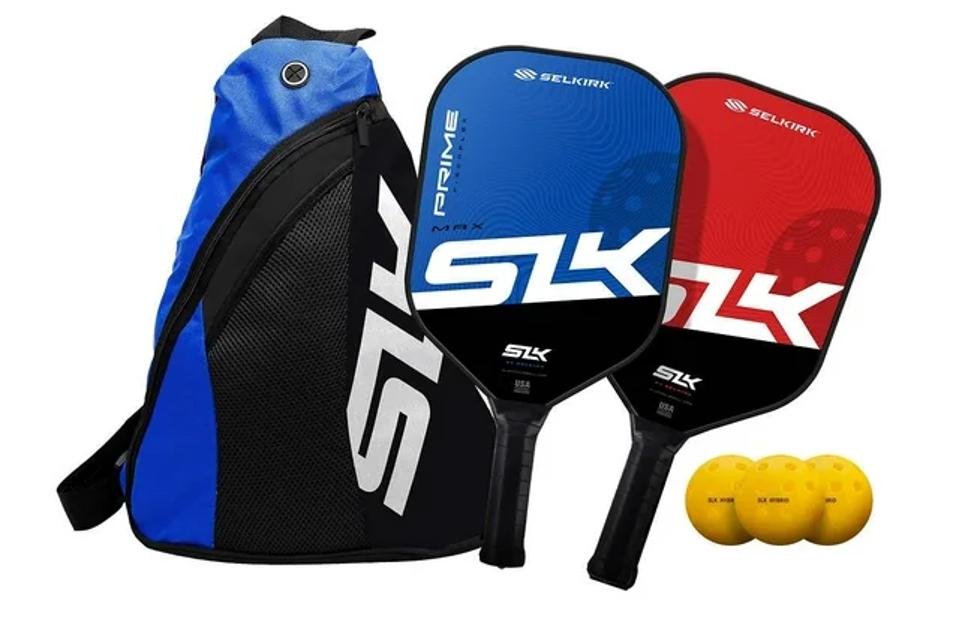 Selkirk Prime Max Pickleball Bundle with a blue and red paddle, a carrying bag and three balls