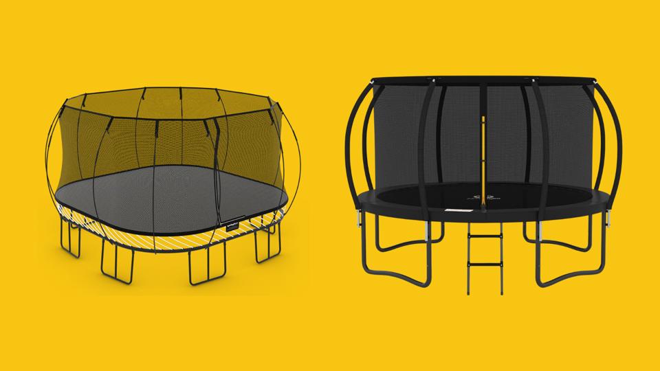 Two large trampolines on a bright yellow background