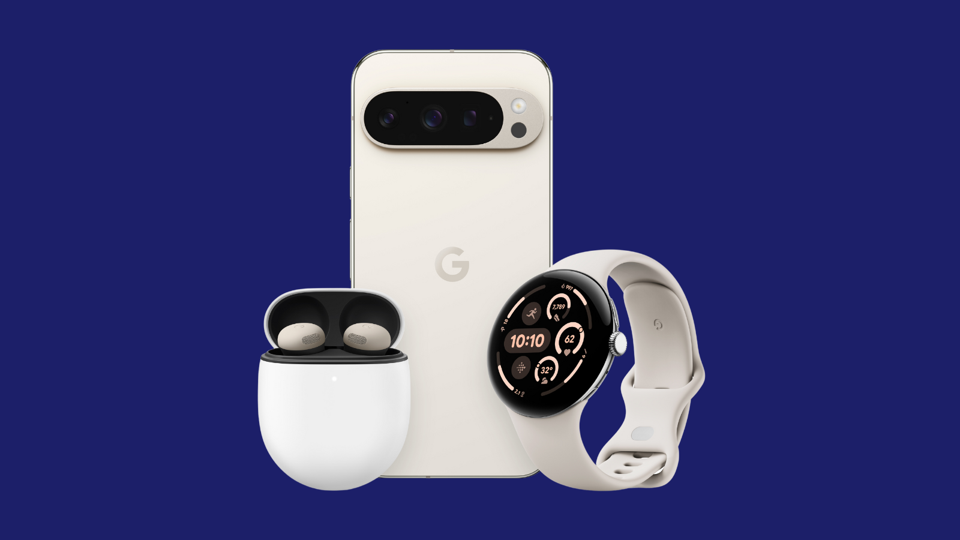 A phone, earbuds and a watch on a navy background.