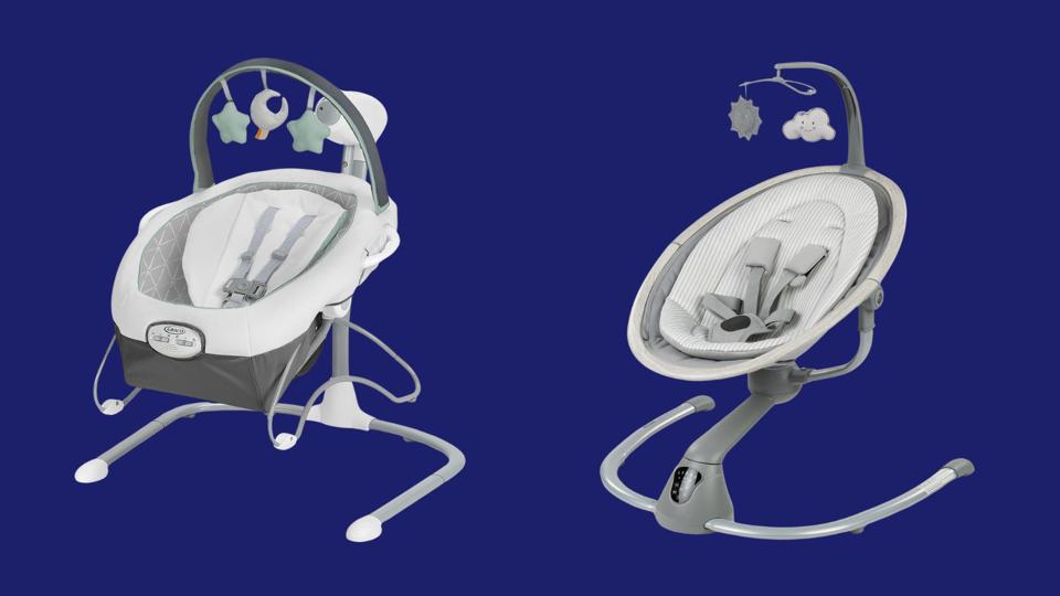 Two baby swings with white fabric on a dark blue background.