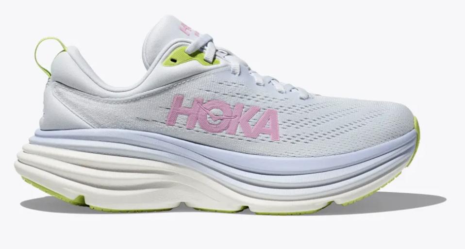 Hoka Bondi 8 in grey with pink and green accents