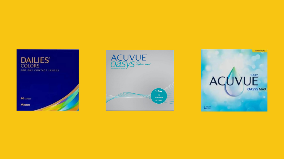 Three of the best contact lens brands on a yellow background