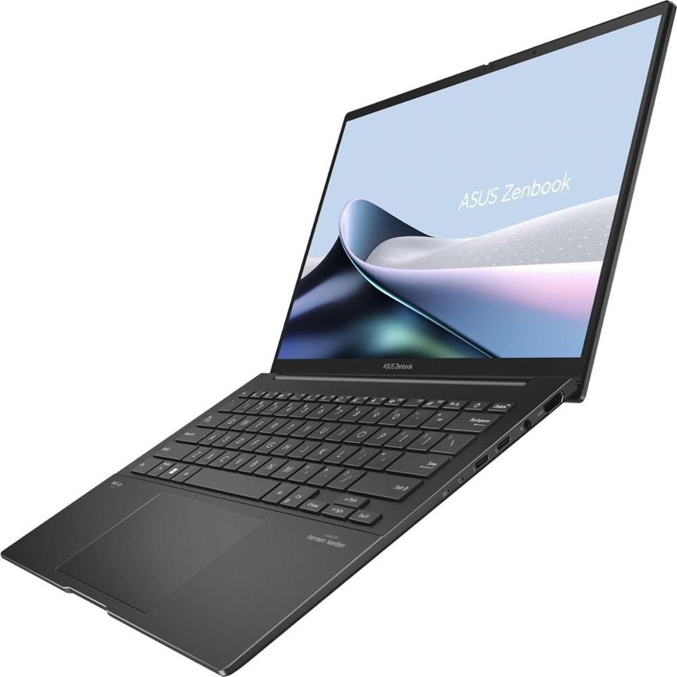 the Asus ZenBook 14 OLED, open on a white background