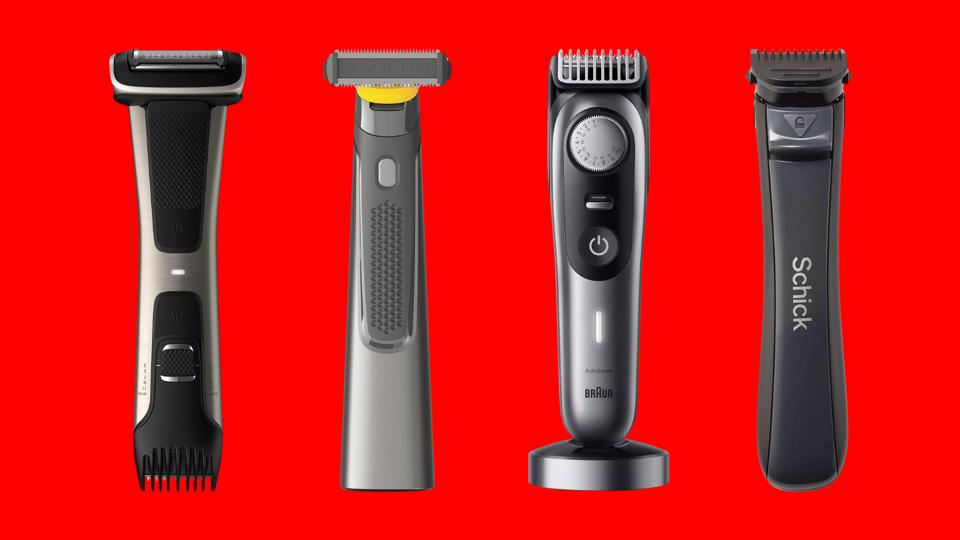 Four of the best manscaping trimmers against a red background