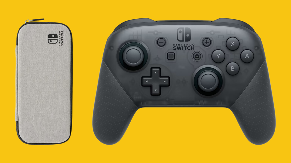 A Nintendo Switch case and controller on a bright yellow background.