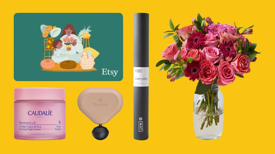 etsy gift card caudalie cream mini theragun gray byoga mat pink bouquet on yellow background