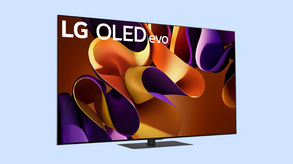 The LG OLED Evo G4 TV on a light blue background