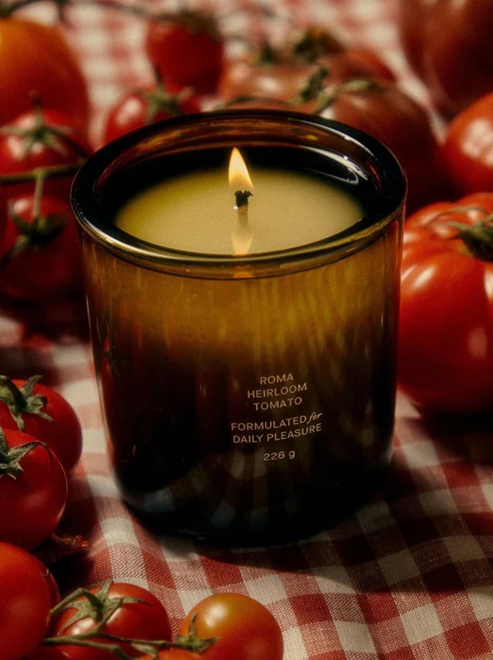 Flamingo Estate Roma Heirloom Tomato Candle on a white background.