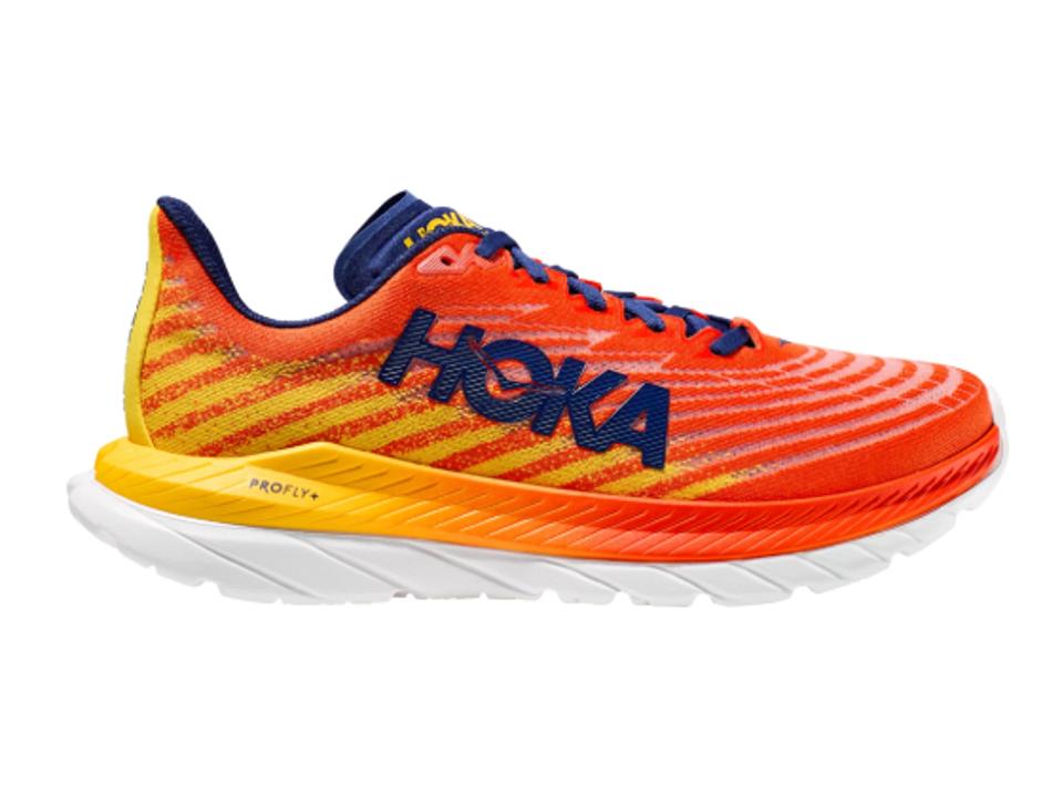 Product shot of a men's Hoka Mach 5 sneaker in Dandelion on a white background. 