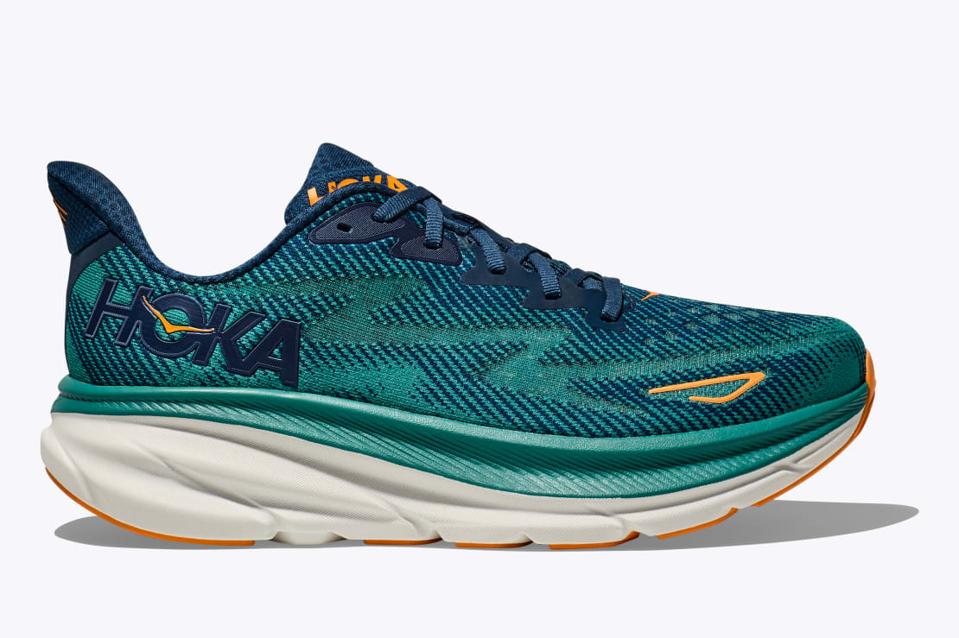 Hoka Clifton 9 in green with orange accents