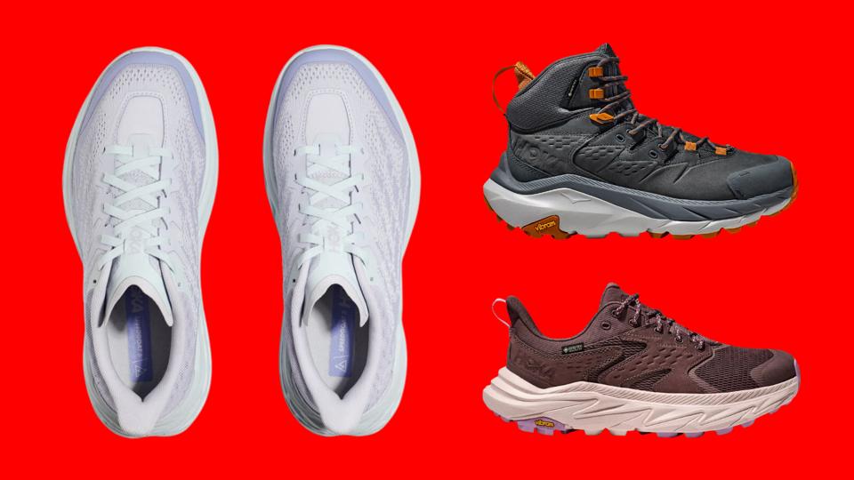 A pair of white Hoka sneakers and a single black Hoka hiking boot and brown Hoka sneaker against a red background.