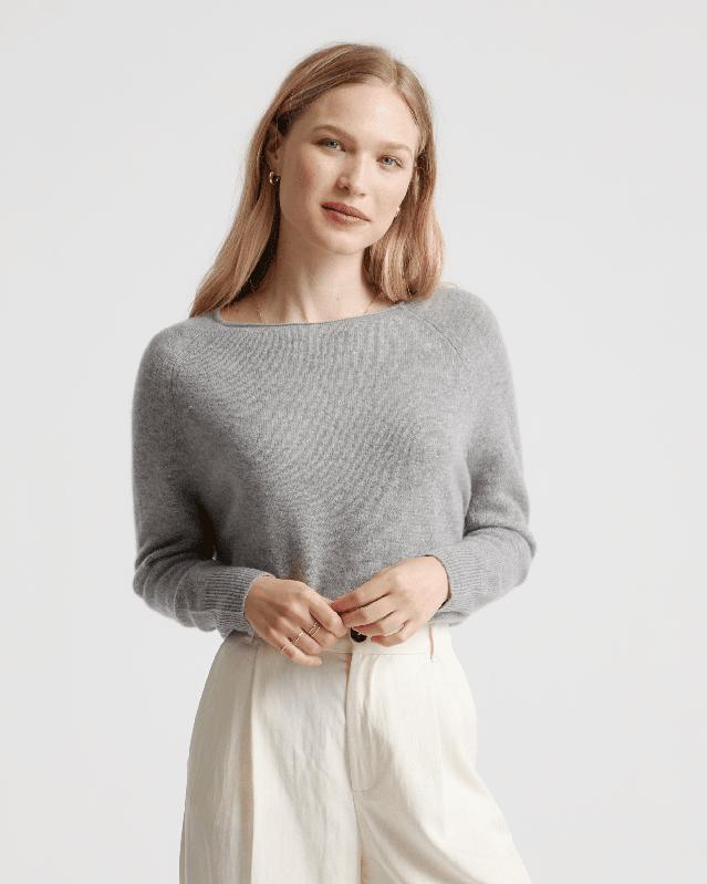 Mongolian Cashmere Boatneck Sweater on model.