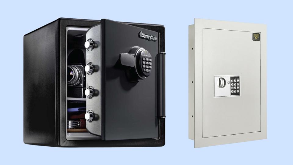 Two home safes against a light blue background.