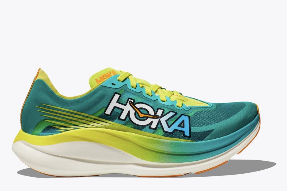 The Hoka Rocket X 2 racing shoe in light blue with yellow accents