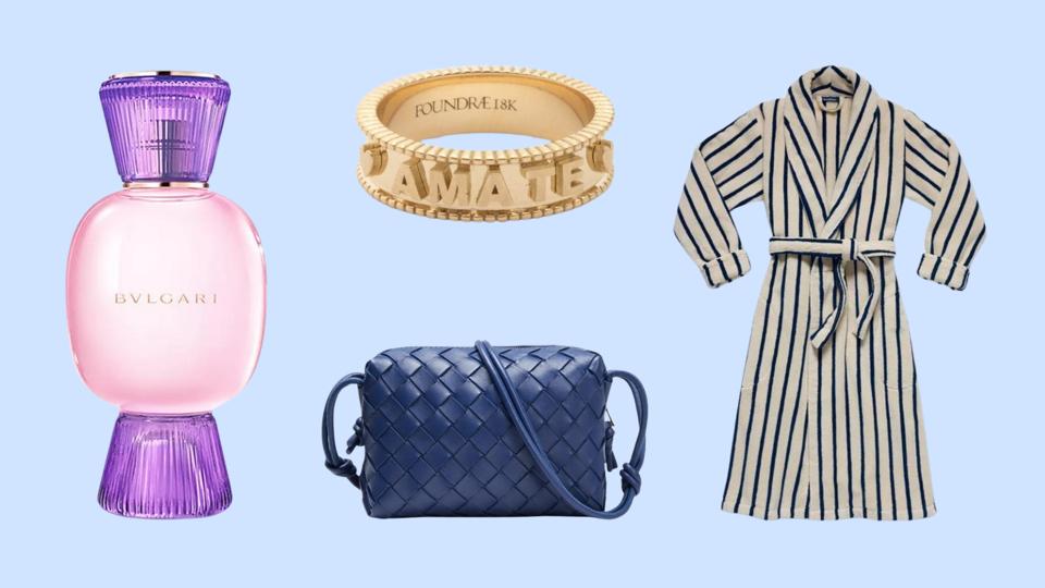 Bvglari perfume, Foundrae ring, Bottega Veneta bag and striped bathrobe on blue background