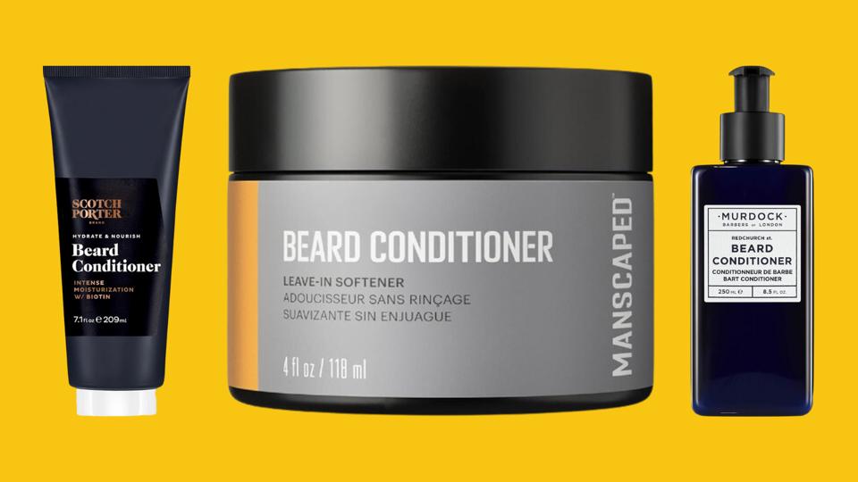 Three of the best beard conditioners against a yellow background