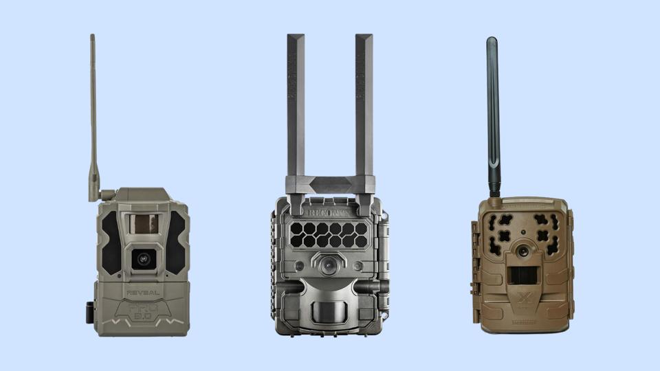 three different cellular trail cameras on a light blue background