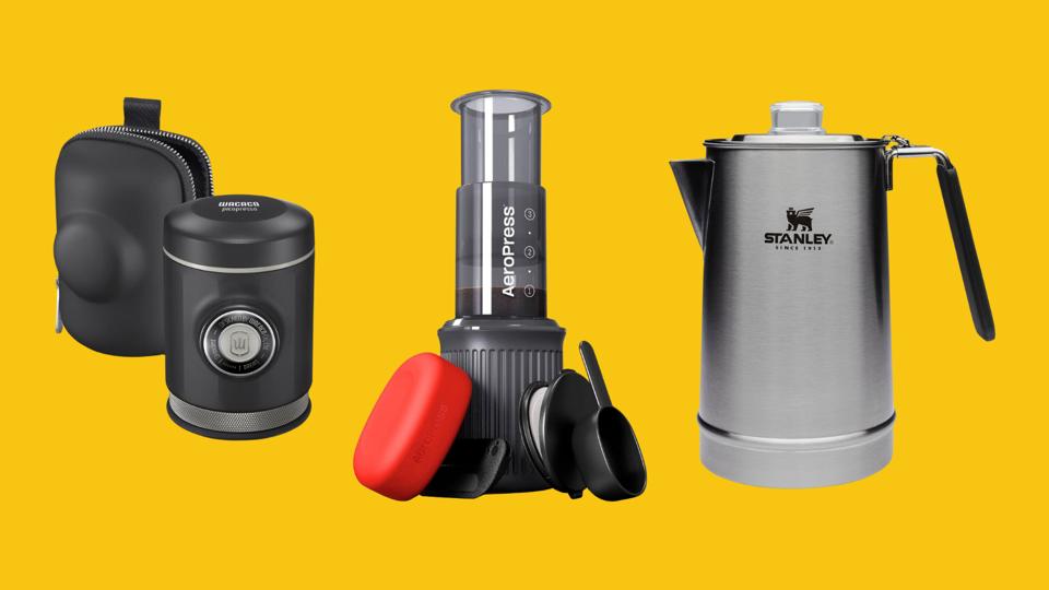 Three camping coffee makers on a bright mustard yellow background