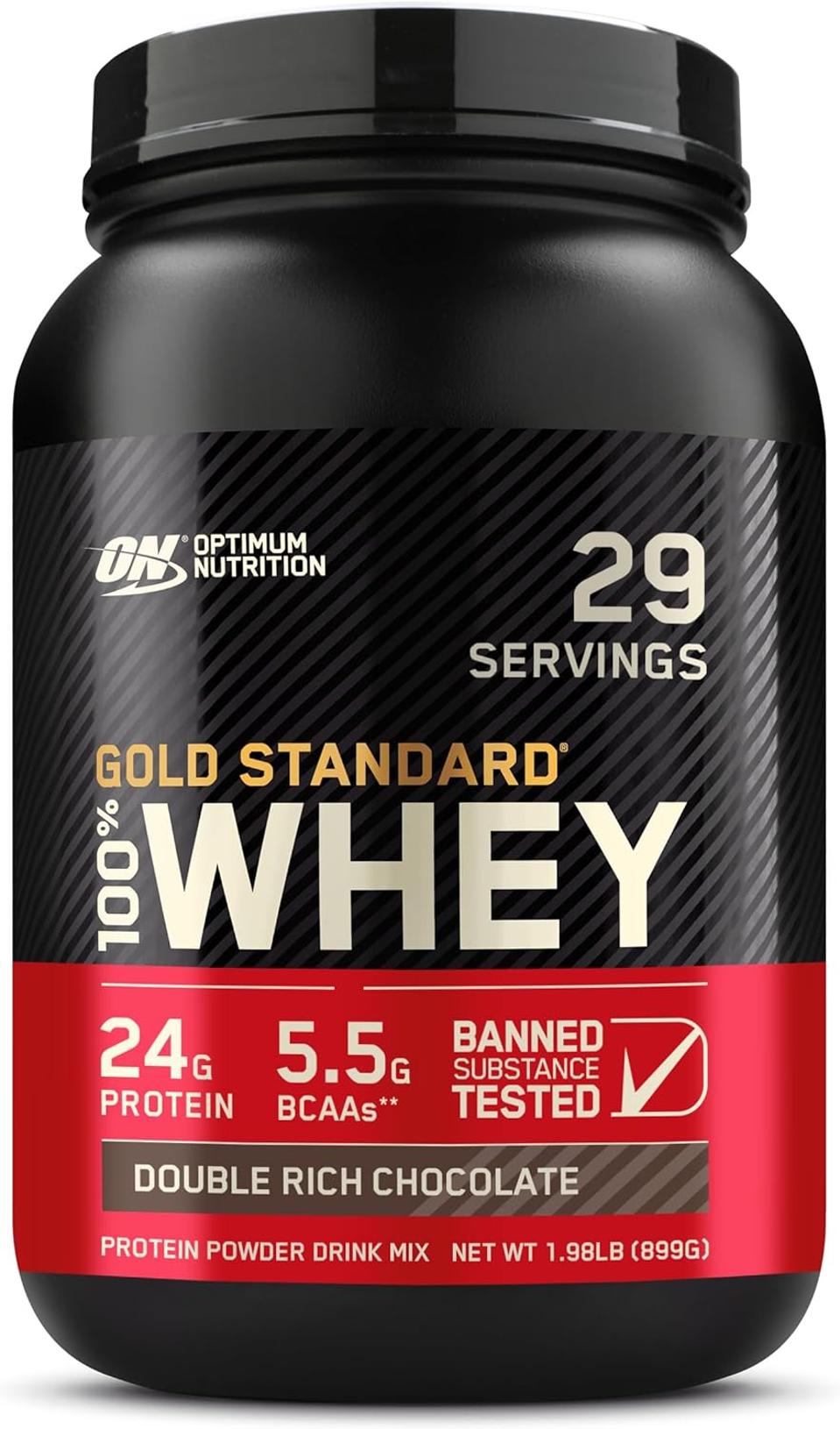 Optimum Nutrition Gold Standard Whey protein powder on a white background